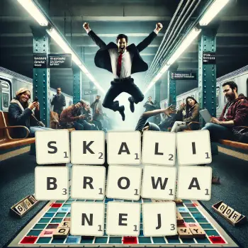 Kreatywna ilustracja do gry w Scrabble ze słowem SKALIBROWANEJ ułożonym z płytek na planszy.