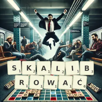 Kreatywna ilustracja do gry w Scrabble ze słowem SKALIBROWAĆ ułożonym z płytek na planszy.