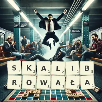 Kreatywna ilustracja do gry w Scrabble ze słowem SKALIBROWAŁA ułożonym z płytek na planszy.