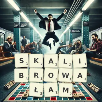 Kreatywna ilustracja do gry w Scrabble ze słowem SKALIBROWAŁAM ułożonym z płytek na planszy.