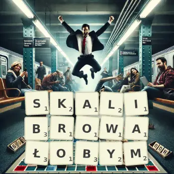 Kreatywna ilustracja do gry w Scrabble ze słowem SKALIBROWAŁOBYM ułożonym z płytek na planszy.