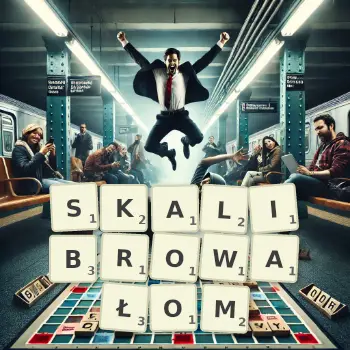 Kreatywna ilustracja do gry w Scrabble ze słowem SKALIBROWAŁOM ułożonym z płytek na planszy.