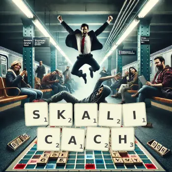 Kreatywna ilustracja do gry w Scrabble ze słowem SKALICACH ułożonym z płytek na planszy.