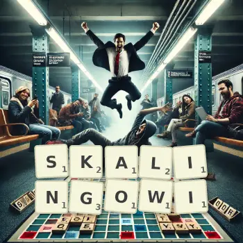 Kreatywna ilustracja do gry w Scrabble ze słowem SKALINGOWI ułożonym z płytek na planszy.