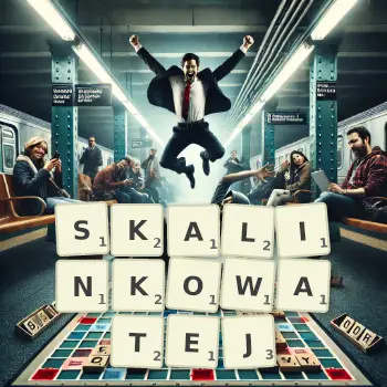 Kreatywna ilustracja do gry w Scrabble ze słowem SKALINKOWATEJ ułożonym z płytek na planszy.