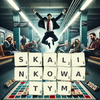 Kreatywna ilustracja do gry w Scrabble ze słowem SKALINKOWATYM ułożonym z płytek na planszy.