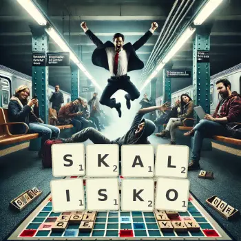 Kreatywna ilustracja do gry w Scrabble ze słowem SKALISKO ułożonym z płytek na planszy.