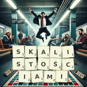 Kreatywna ilustracja do gry w Scrabble ze słowem SKALISTOŚCIAMI ułożonym z płytek na planszy.