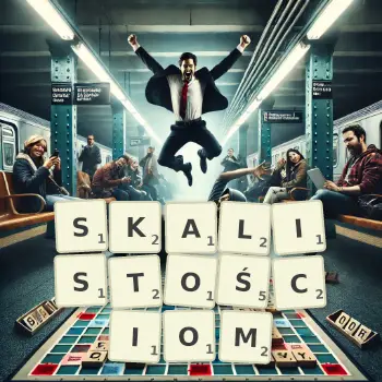 Kreatywna ilustracja do gry w Scrabble ze słowem SKALISTOŚCIOM ułożonym z płytek na planszy.