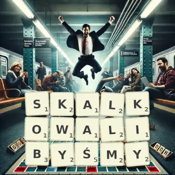 Kreatywna ilustracja do gry w Scrabble ze słowem SKALKOWALIBYŚMY ułożonym z płytek na planszy.