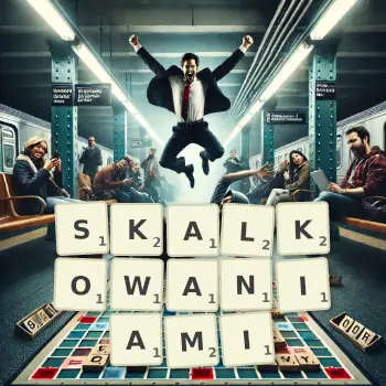 Kreatywna ilustracja do gry w Scrabble ze słowem SKALKOWANIAMI ułożonym z płytek na planszy.