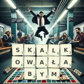 Kreatywna ilustracja do gry w Scrabble ze słowem SKALKOWAŁABYM ułożonym z płytek na planszy.