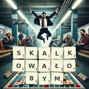 Kreatywna ilustracja do gry w Scrabble ze słowem SKALKOWAŁOBYM ułożonym z płytek na planszy.