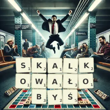 Kreatywna ilustracja do gry w Scrabble ze słowem SKALKOWAŁOBYŚ ułożonym z płytek na planszy.