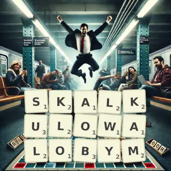 Kreatywna ilustracja do gry w Scrabble ze słowem SKALKULOWALOBYM ułożonym z płytek na planszy.