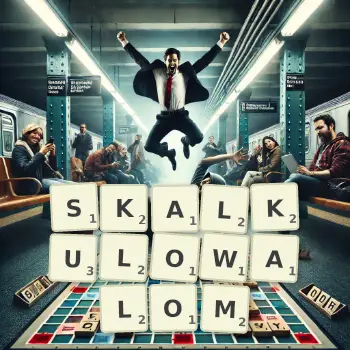 Kreatywna ilustracja do gry w Scrabble ze słowem SKALKULOWALOM ułożonym z płytek na planszy.