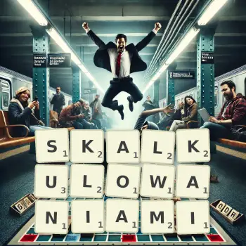 Kreatywna ilustracja do gry w Scrabble ze słowem SKALKULOWANIAMI ułożonym z płytek na planszy.