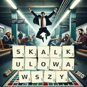 Kreatywna ilustracja do gry w Scrabble ze słowem SKALKULOWAWSZY ułożonym z płytek na planszy.