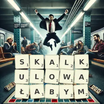 Kreatywna ilustracja do gry w Scrabble ze słowem SKALKULOWAŁABYM ułożonym z płytek na planszy.
