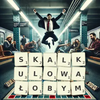 Kreatywna ilustracja do gry w Scrabble ze słowem SKALKULOWAŁOBYM ułożonym z płytek na planszy.