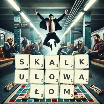 Kreatywna ilustracja do gry w Scrabble ze słowem SKALKULOWAŁOM ułożonym z płytek na planszy.