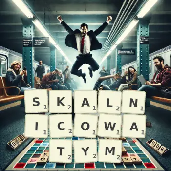 Kreatywna ilustracja do gry w Scrabble ze słowem SKALNICOWATYM ułożonym z płytek na planszy.