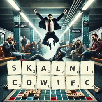 Kreatywna ilustracja do gry w Scrabble ze słowem SKALNICOWIEC ułożonym z płytek na planszy.