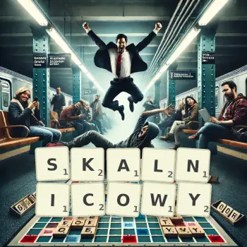 Kreatywna ilustracja do gry w Scrabble ze słowem SKALNICOWY ułożonym z płytek na planszy.