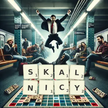 Kreatywna ilustracja do gry w Scrabble ze słowem SKALNICY ułożonym z płytek na planszy.