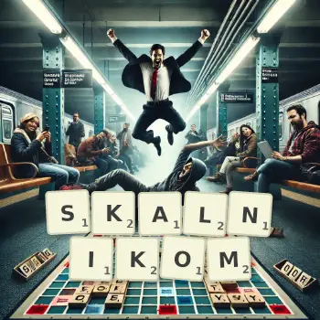 Kreatywna ilustracja do gry w Scrabble ze słowem SKALNIKOM ułożonym z płytek na planszy.