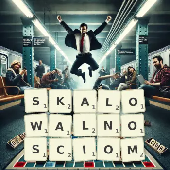 Kreatywna ilustracja do gry w Scrabble ze słowem SKALOWALNOSCIOM ułożonym z płytek na planszy.