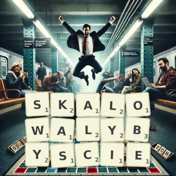 Kreatywna ilustracja do gry w Scrabble ze słowem SKALOWALYBYSCIE ułożonym z płytek na planszy.