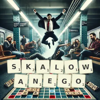 Kreatywna ilustracja do gry w Scrabble ze słowem SKALOWANEGO ułożonym z płytek na planszy.