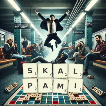 Kreatywna ilustracja do gry w Scrabble ze słowem SKALPAMI ułożonym z płytek na planszy.