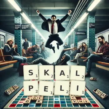 Kreatywna ilustracja do gry w Scrabble ze słowem SKALPELI ułożonym z płytek na planszy.