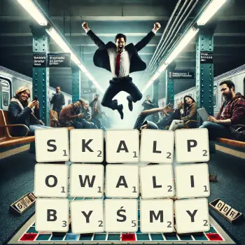 Kreatywna ilustracja do gry w Scrabble ze słowem SKALPOWALIBYŚMY ułożonym z płytek na planszy.