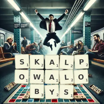 Kreatywna ilustracja do gry w Scrabble ze słowem SKALPOWALOBYS ułożonym z płytek na planszy.