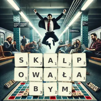 Kreatywna ilustracja do gry w Scrabble ze słowem SKALPOWAŁABYM ułożonym z płytek na planszy.
