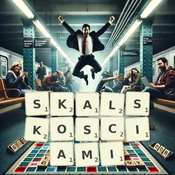 Kreatywna ilustracja do gry w Scrabble ze słowem SKALSKOSCIAMI ułożonym z płytek na planszy.