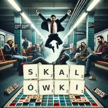 Kreatywna ilustracja do gry w Scrabble ze słowem SKALÓWKI ułożonym z płytek na planszy.