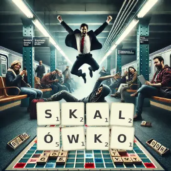 Kreatywna ilustracja do gry w Scrabble ze słowem SKALÓWKO ułożonym z płytek na planszy.