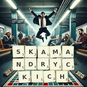 Kreatywna ilustracja do gry w Scrabble ze słowem SKAMANDRYCKICH ułożonym z płytek na planszy.