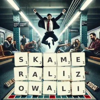 Kreatywna ilustracja do gry w Scrabble ze słowem SKAMERALIZOWALI ułożonym z płytek na planszy.