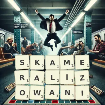 Kreatywna ilustracja do gry w Scrabble ze słowem SKAMERALIZOWANI ułożonym z płytek na planszy.