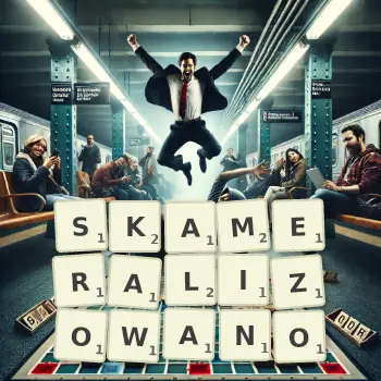 Kreatywna ilustracja do gry w Scrabble ze słowem SKAMERALIZOWANO ułożonym z płytek na planszy.