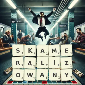 Kreatywna ilustracja do gry w Scrabble ze słowem SKAMERALIZOWANY ułożonym z płytek na planszy.