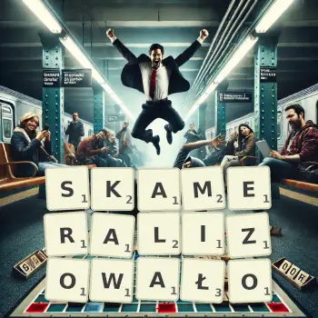 Kreatywna ilustracja do gry w Scrabble ze słowem SKAMERALIZOWAŁO ułożonym z płytek na planszy.