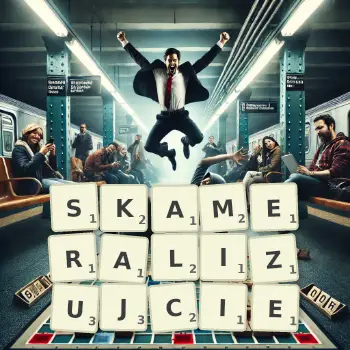 Kreatywna ilustracja do gry w Scrabble ze słowem SKAMERALIZUJCIE ułożonym z płytek na planszy.