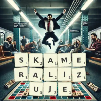 Kreatywna ilustracja do gry w Scrabble ze słowem SKAMERALIZUJE ułożonym z płytek na planszy.