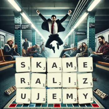 Kreatywna ilustracja do gry w Scrabble ze słowem SKAMERALIZUJEMY ułożonym z płytek na planszy.